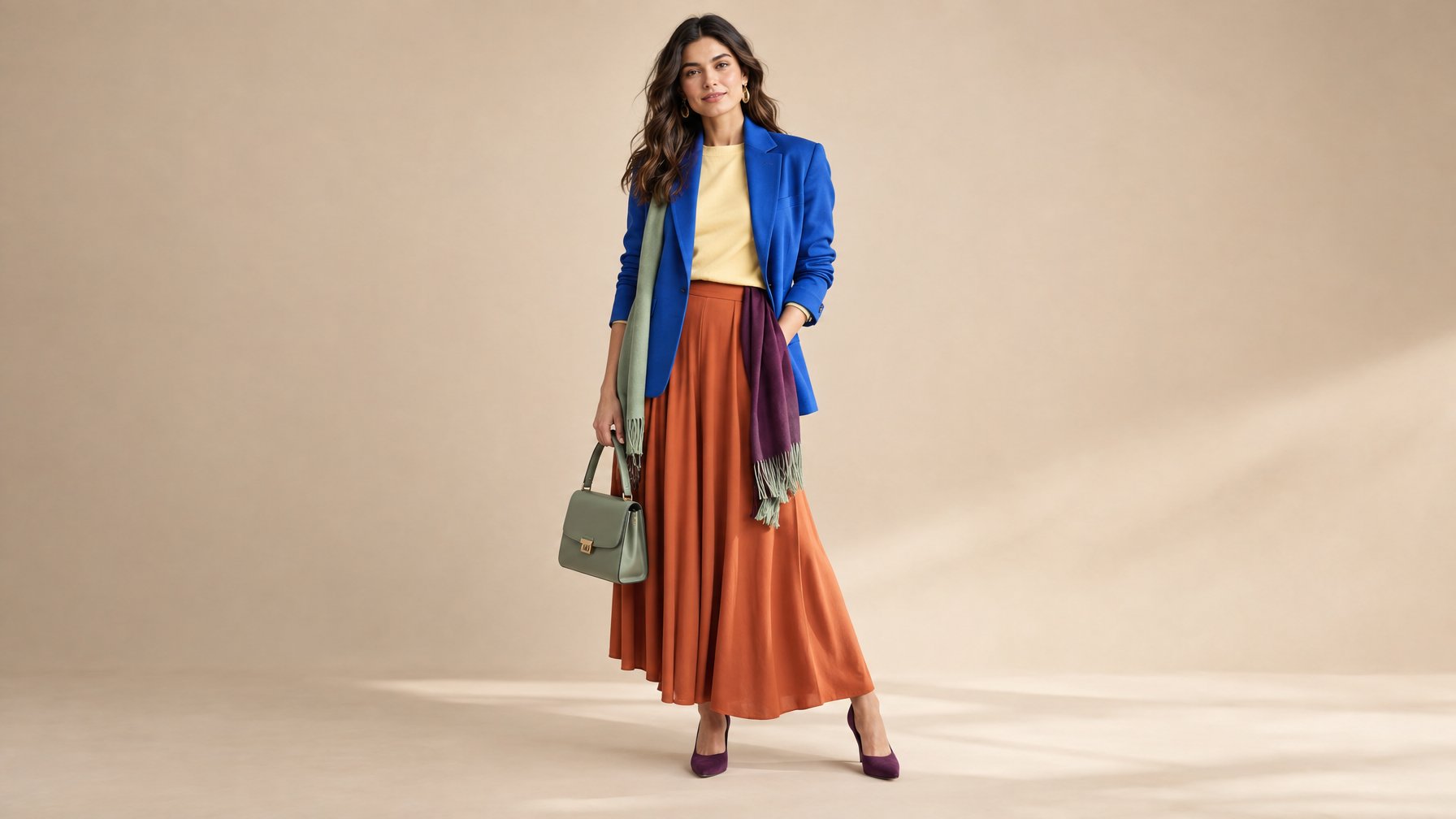 Model mengenakan busana dengan perpaduan warna biru, terakota, kuning, plum, dan hijau sage.