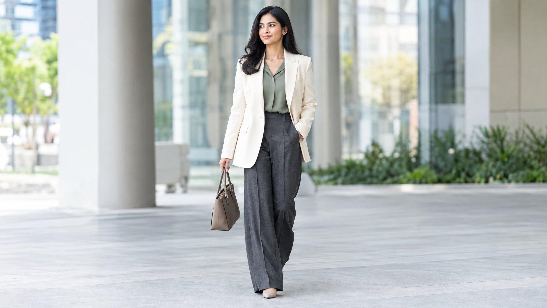 Seorang perempuan berjalan di area perkotaan dengan mengenakan blazer dan celana panjang.