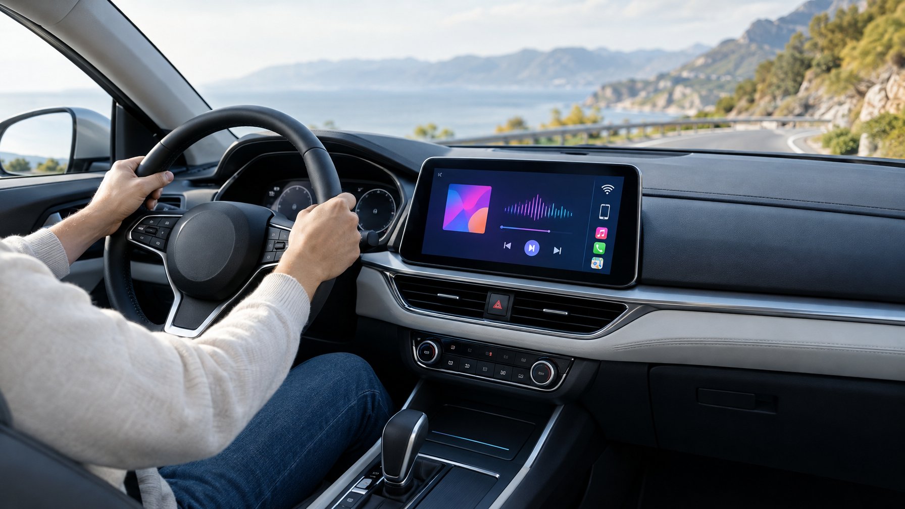 Pengemudi menikmati perjalanan dengan head unit audio layar sentuh di dasbor mobil.