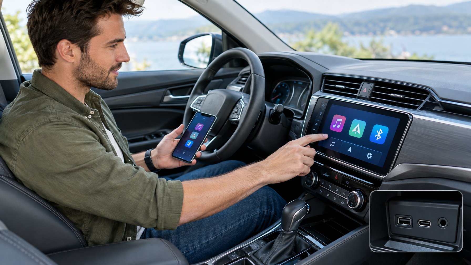 Seseorang memeriksa layar head unit dan mencocokkannya dengan ponsel di dalam mobil.