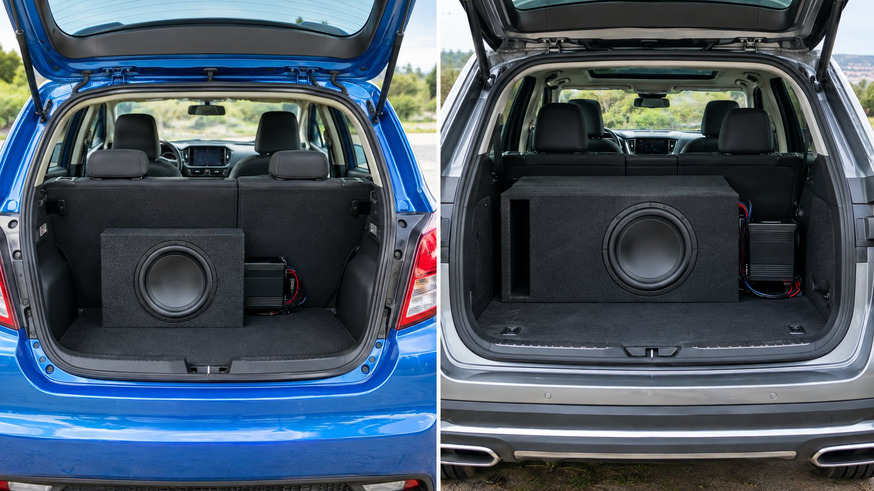 Subwoofer terpasang di bagasi mobil hatchback kecil dan SUV besar.