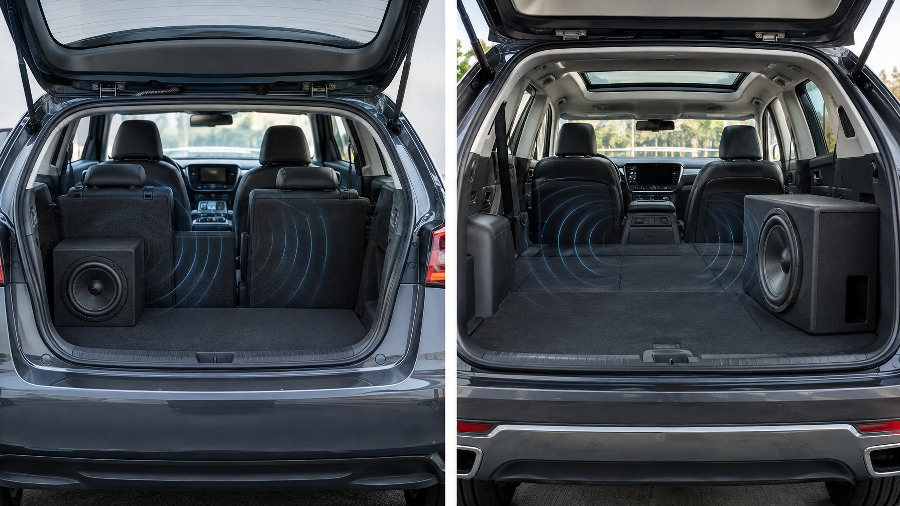 Subwoofer terpasang di bagasi mobil kecil dan SUV yang lebih luas.