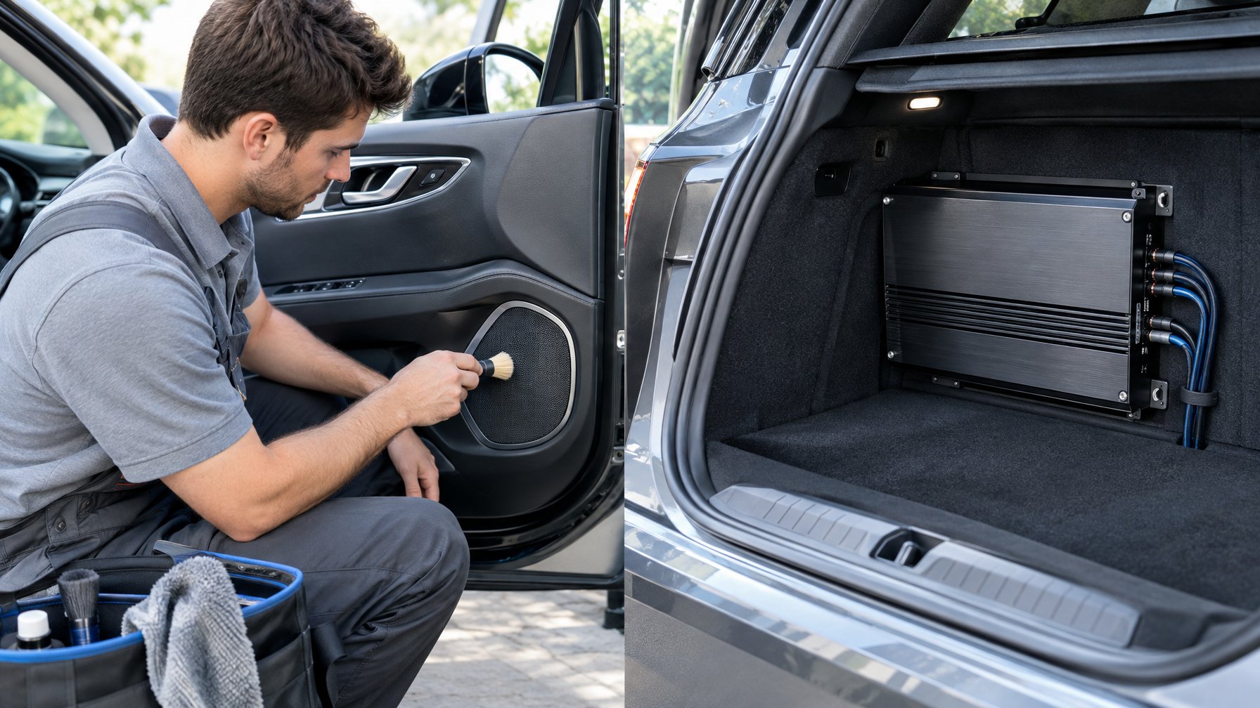 Teknisi membersihkan speaker mobil, dengan amplifier yang tertata rapi di bagasi.