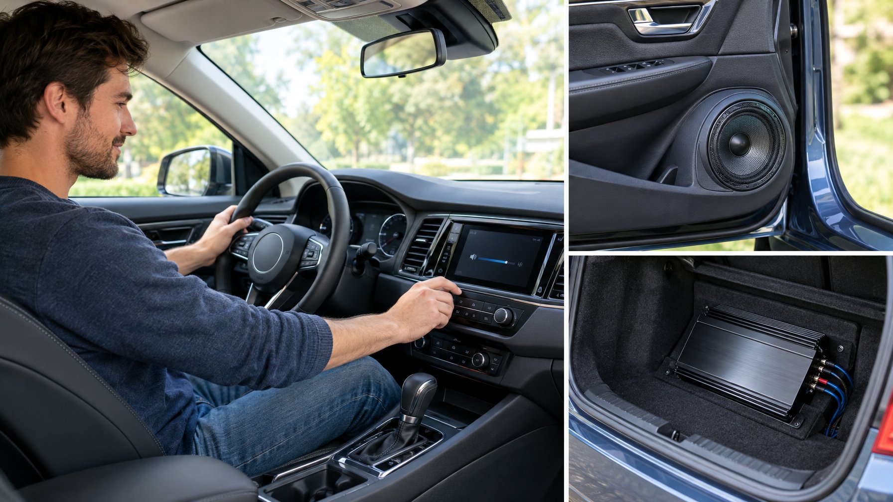 Pengemudi mengatur volume audio mobil dengan speaker dan amplifier yang terpasang rapi.