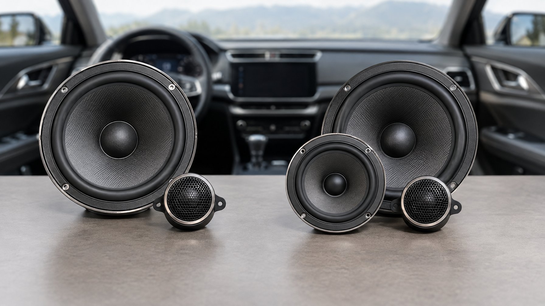 Dua susunan speaker mobil ditampilkan berdampingan, satu dengan dua komponen dan satu dengan tiga komponen.