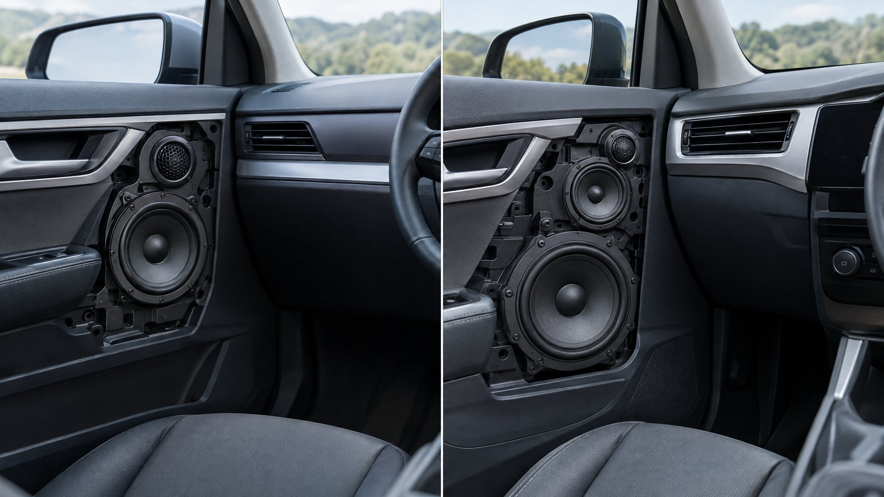 Perbandingan susunan speaker audio mobil 2 arah dan 3 arah pada panel pintu.