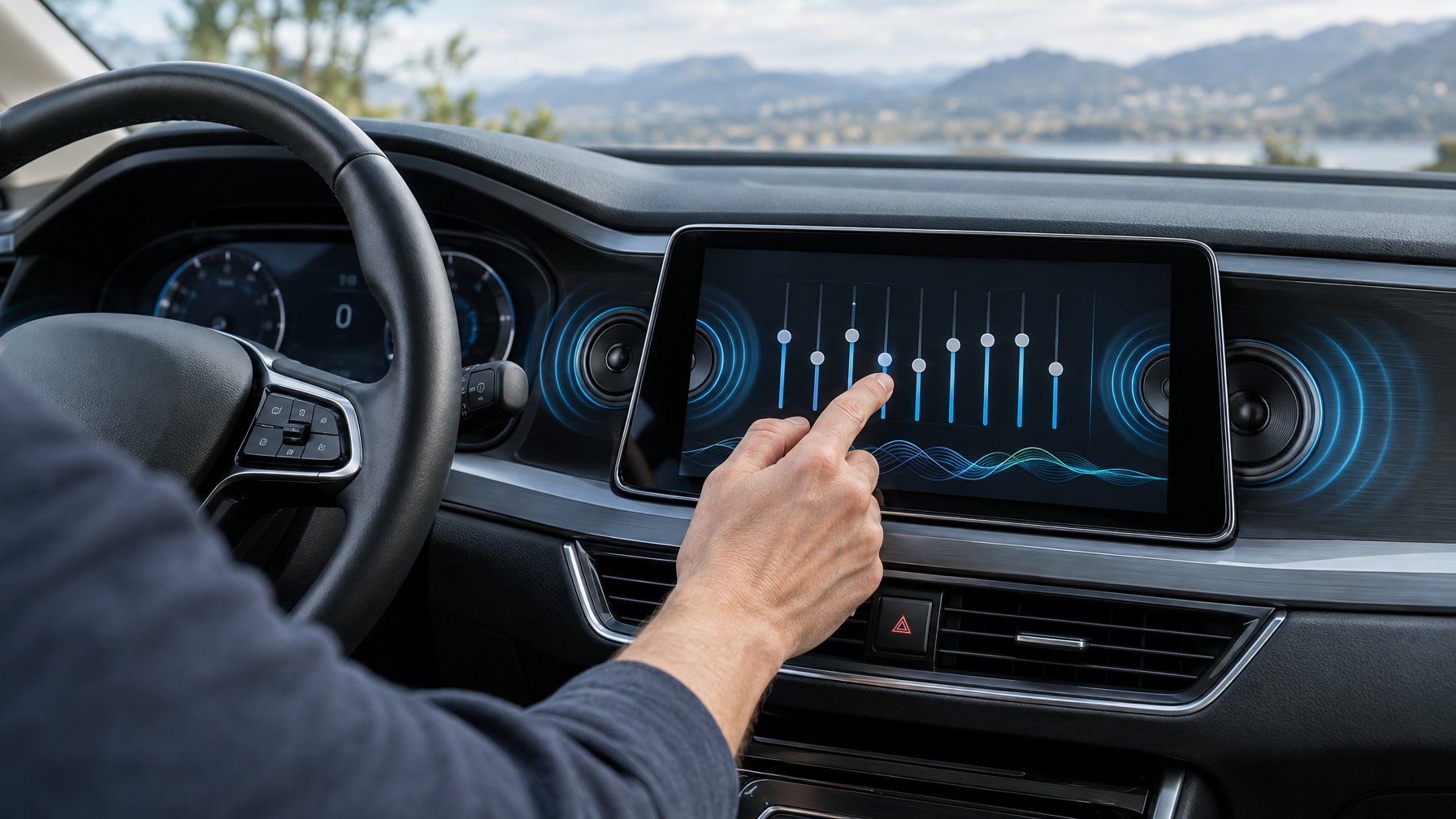 Seseorang mengatur equalizer audio pada layar di dasbor mobil.