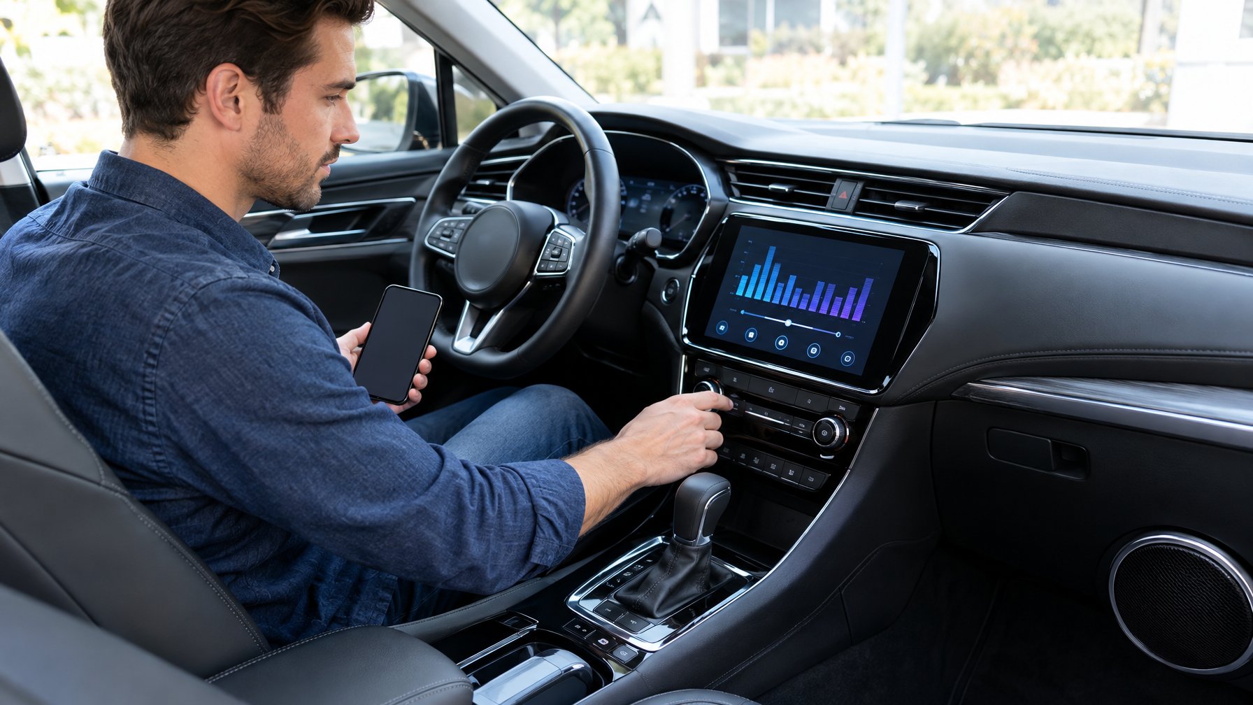 Seseorang memeriksa sistem audio di dalam mobil sebelum mengatur equalizer.