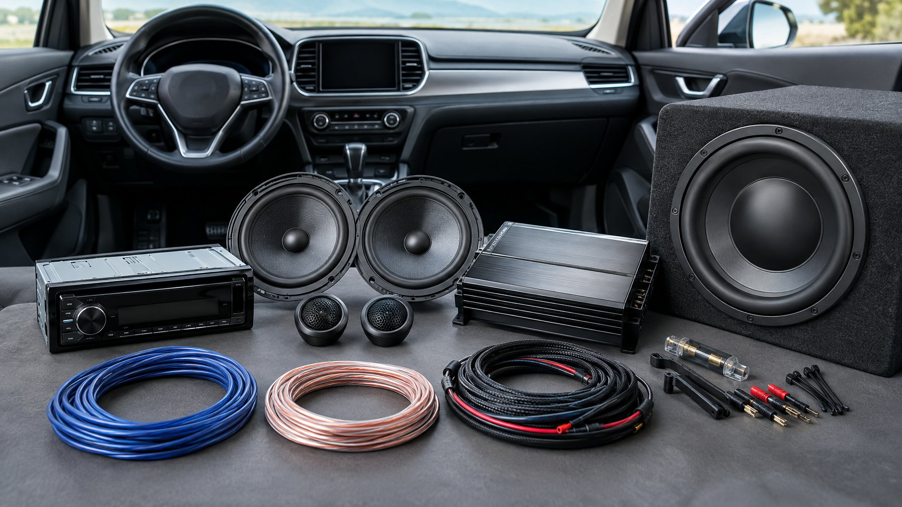 Komponen audio mobil tertata di dekat interior mobil.