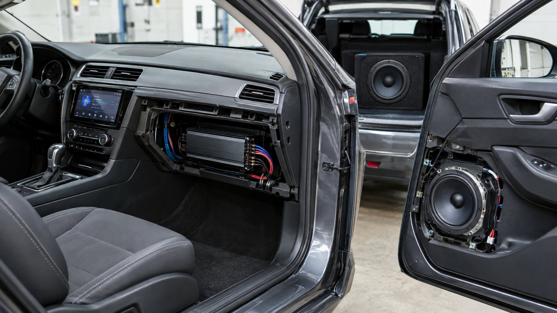 Interior mobil dengan perangkat audio, speaker di pintu, amplifier, kabel, dan subwoofer di bagasi.