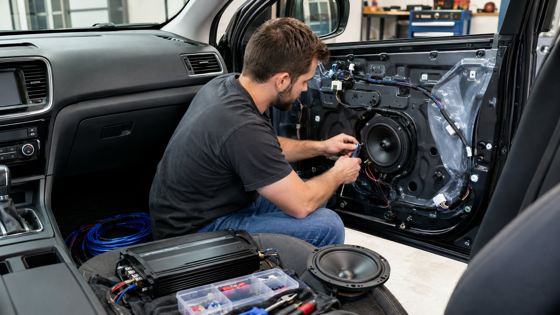 Seseorang memasang speaker dan merapikan kabel audio di dalam mobil.