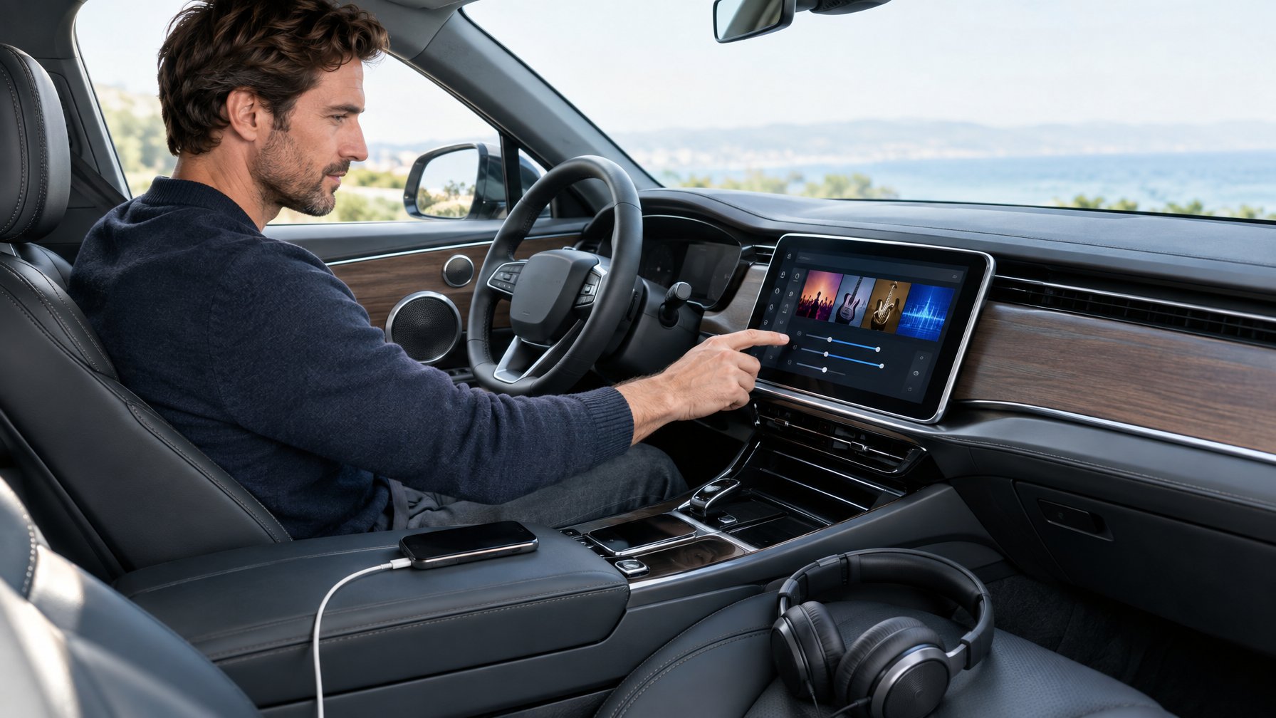 Seorang spesialis audio mengatur sistem suara di dalam mobil modern.