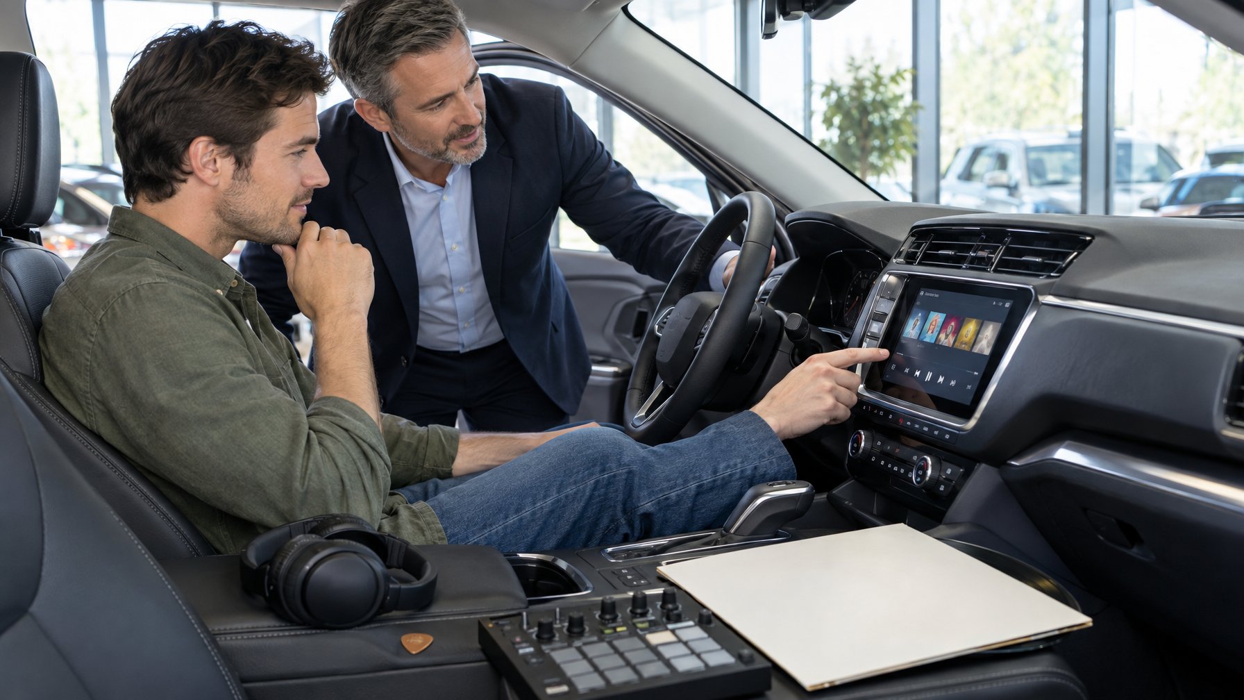 Seorang calon pembeli memeriksa sistem audio mobil bersama seorang ahli di ruang pamer.