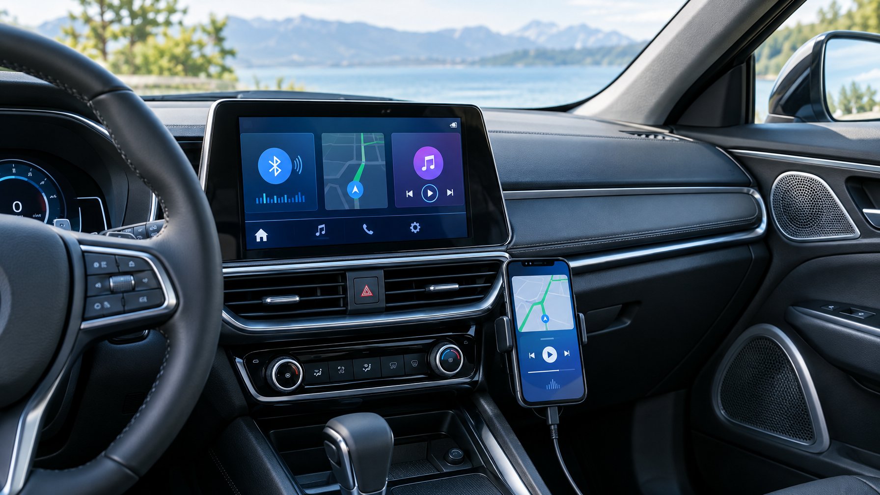Interior mobil modern dengan layar audio dan ponsel yang terhubung.