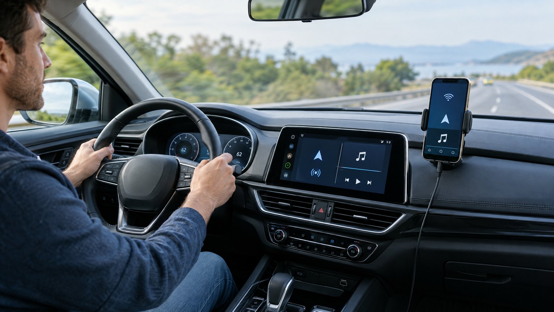 Pengemudi menggunakan sistem audio dan layar infotainment mobil yang terhubung dengan ponsel.