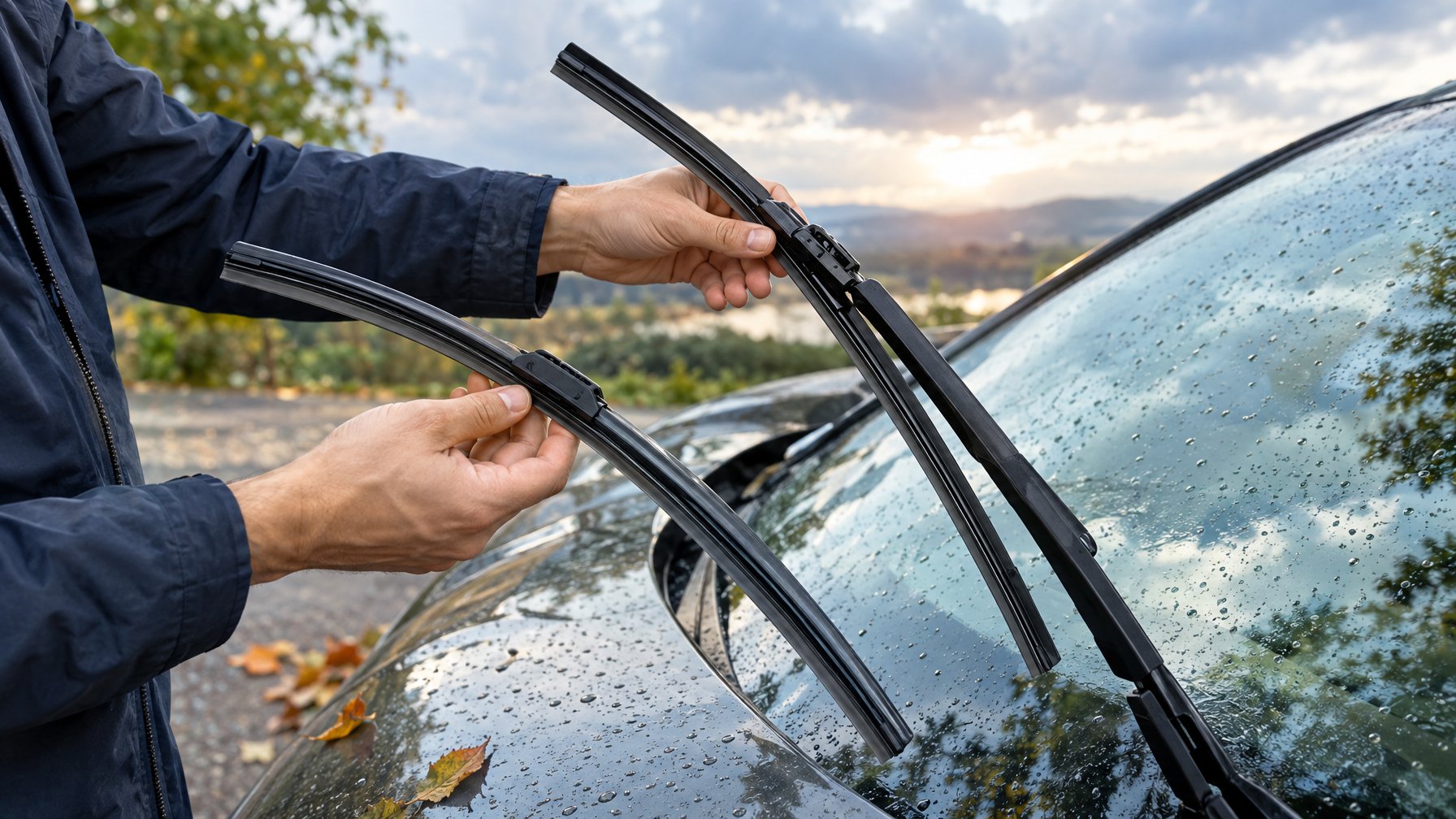 Seseorang membandingkan dan memasang karet wiper pada mobil setelah hujan.