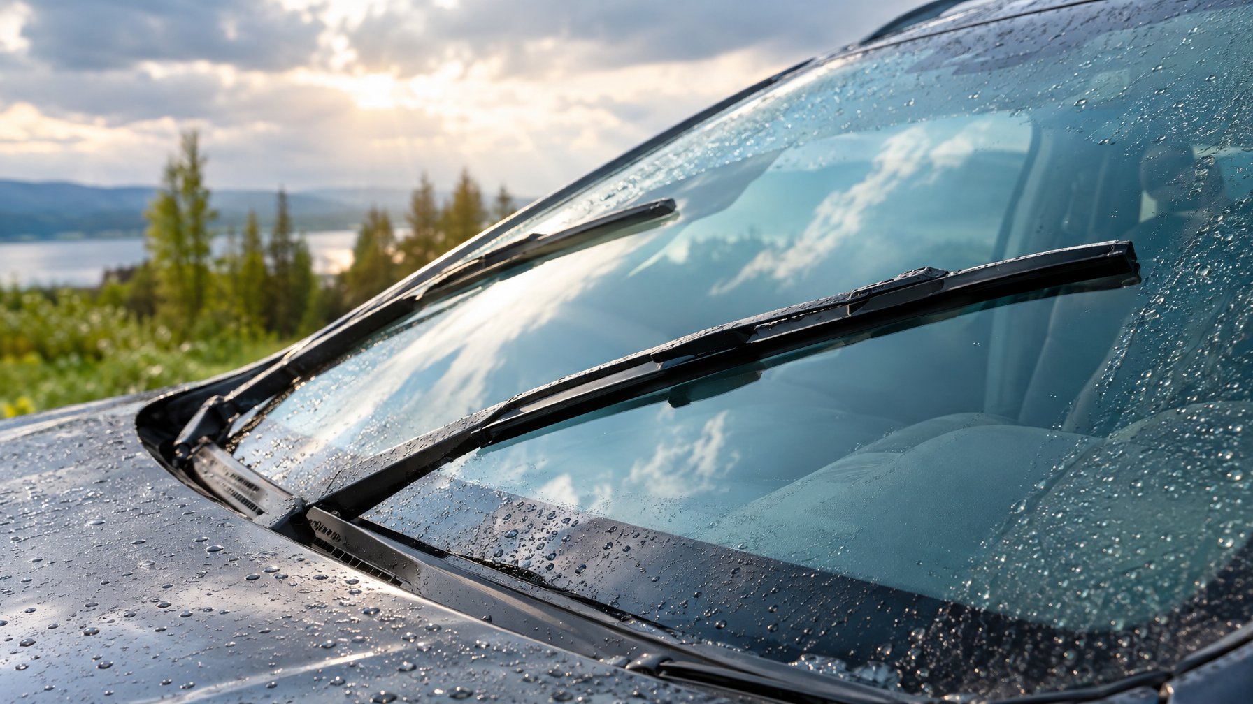 Wiper mobil menyapu air hujan dari kaca depan.