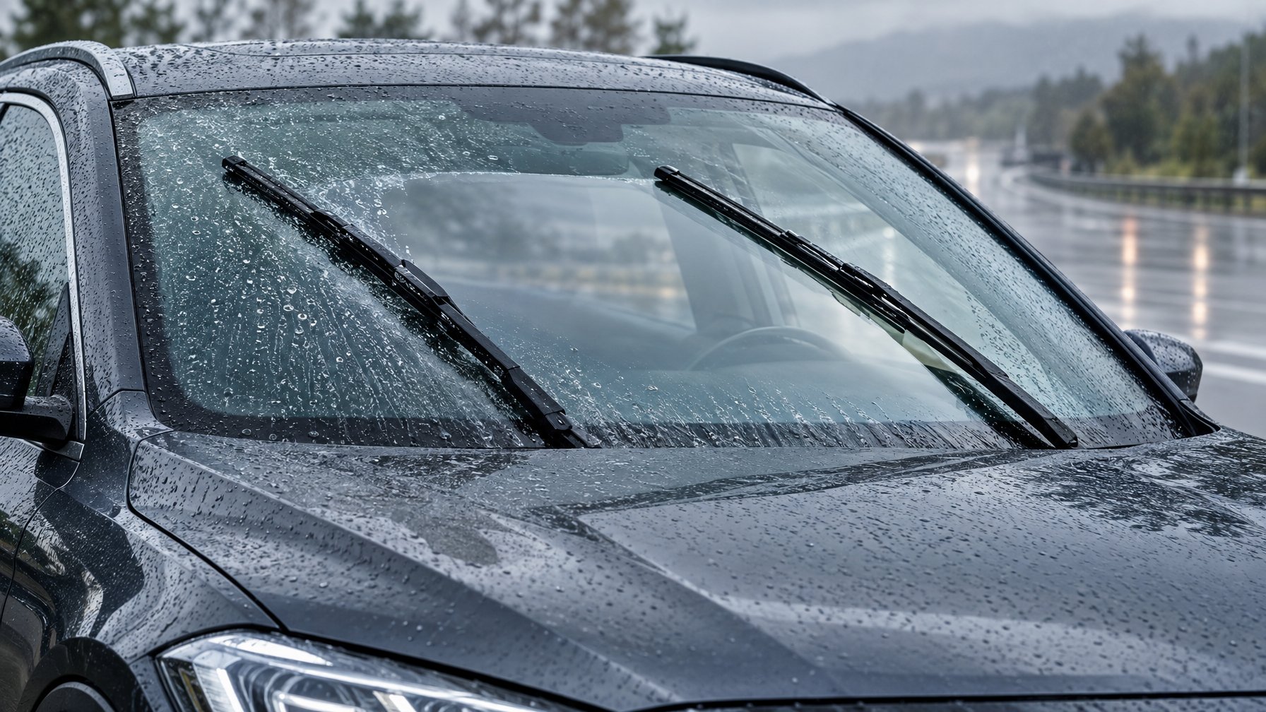Wiper mobil menyapu air hujan dari kaca depan.