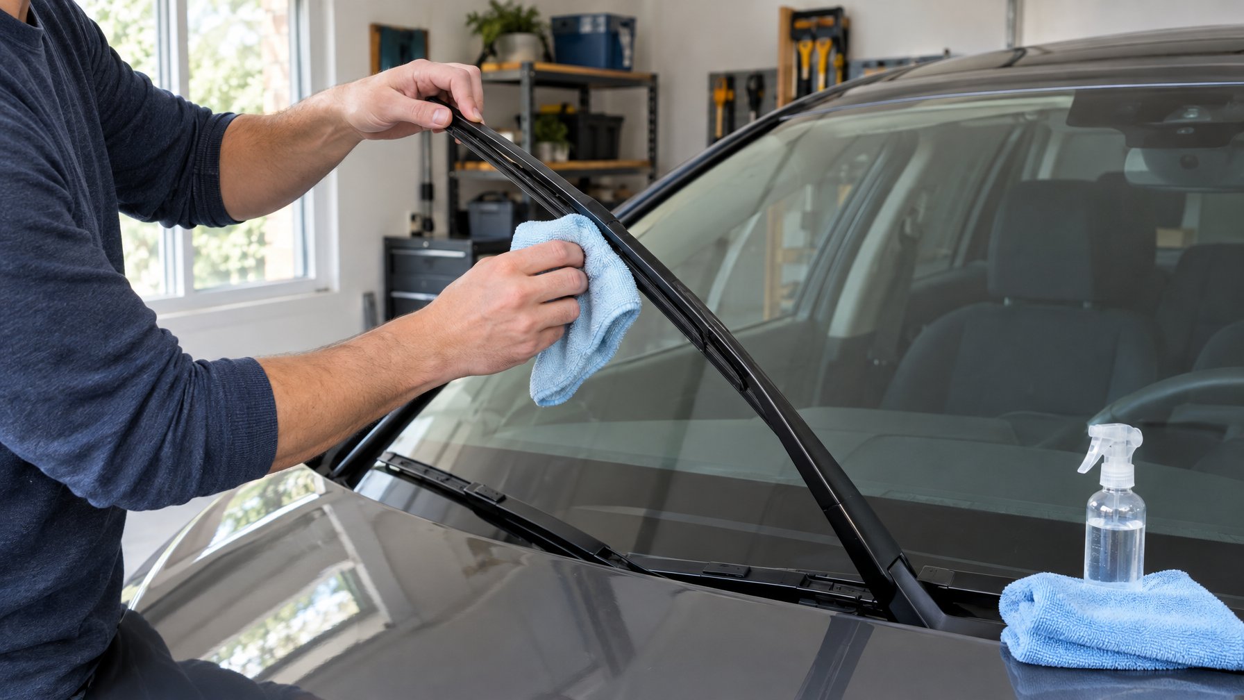 Seseorang membersihkan karet wiper mobil dengan kain mikrofiber.