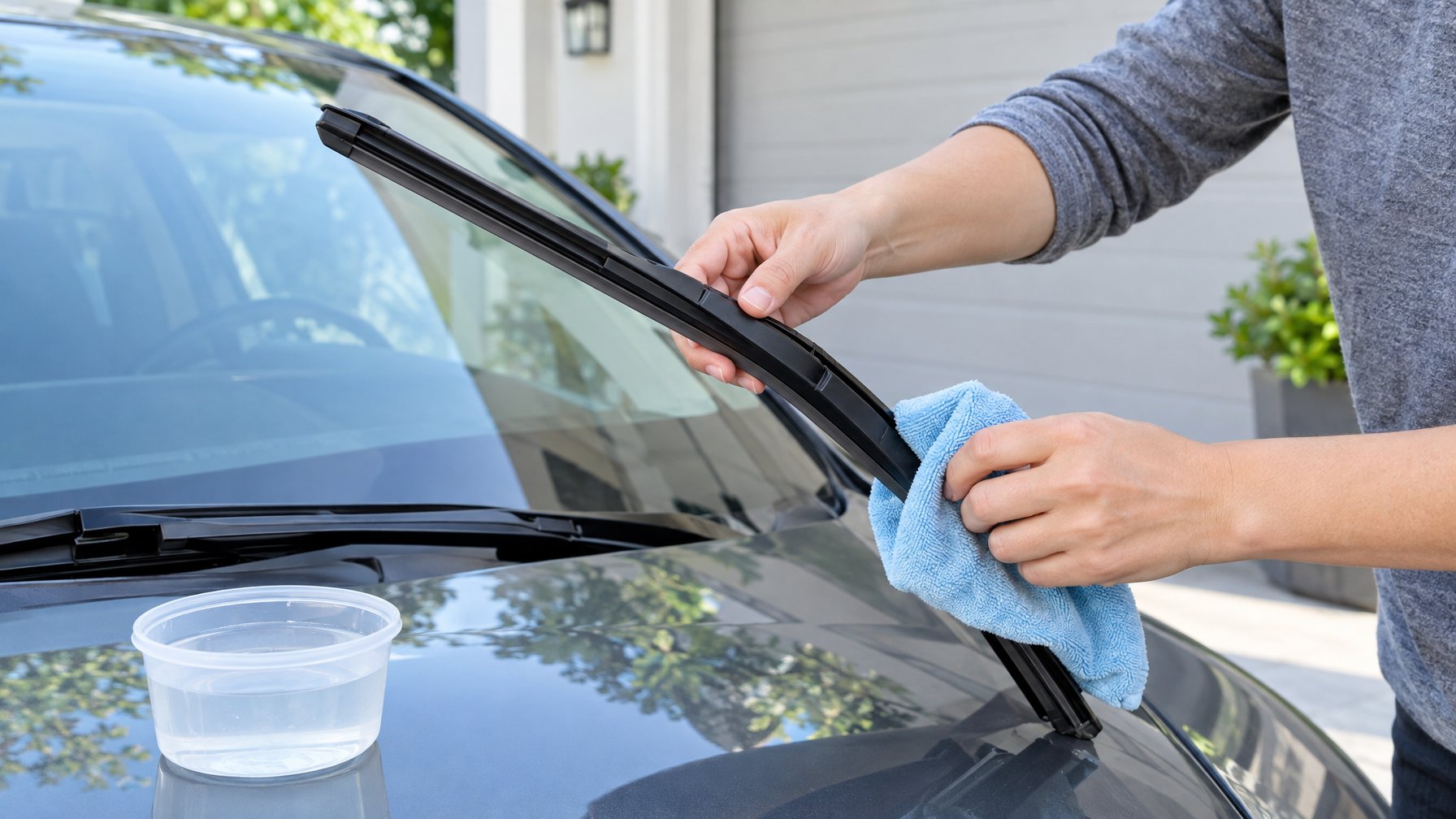 Seseorang membersihkan karet wiper mobil dengan kain mikrofiber.
