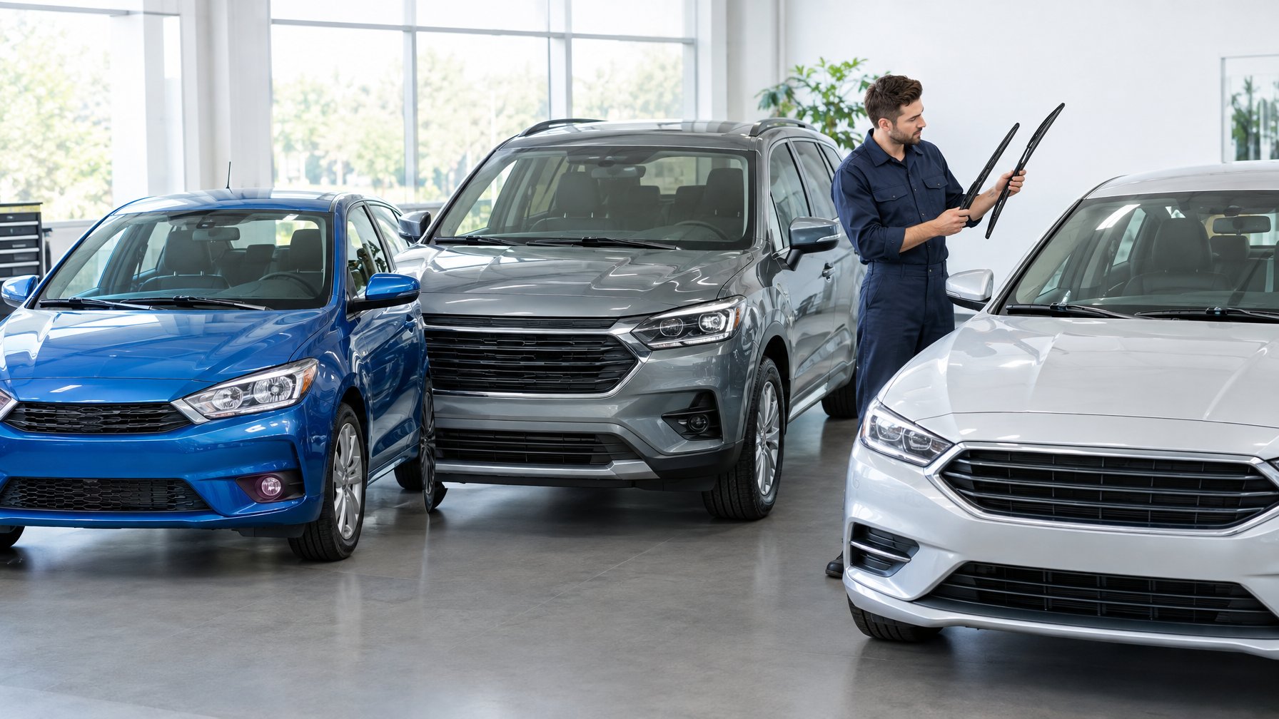 Teknisi membandingkan wiper untuk mobil hatchback, SUV, dan sedan.