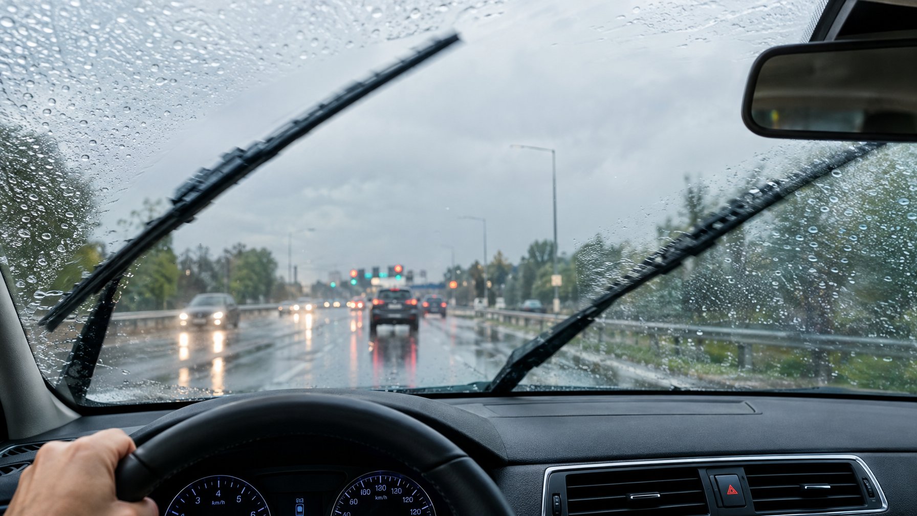 Wiper mobil menyapu air hujan dari kaca depan saat mobil melaju di jalan basah.