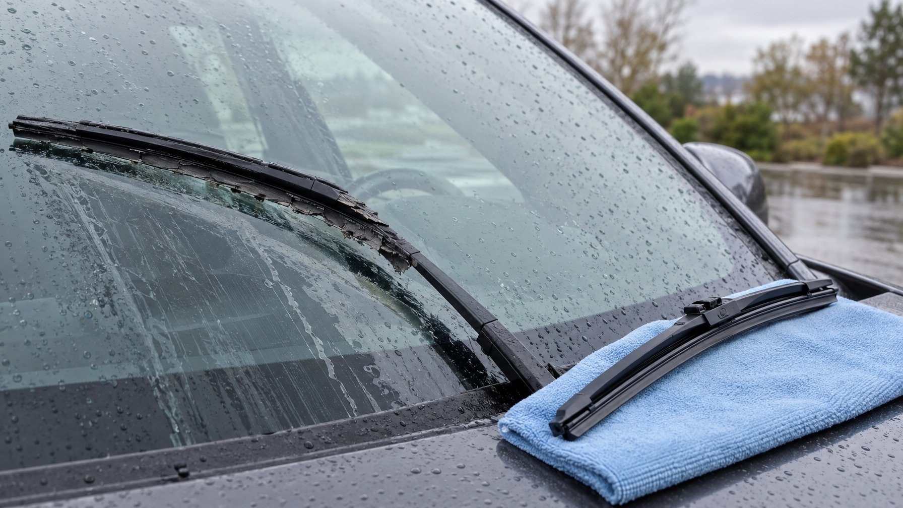 Karet wiper yang retak meninggalkan garis air di kaca mobil, dengan wiper baru di dekatnya.