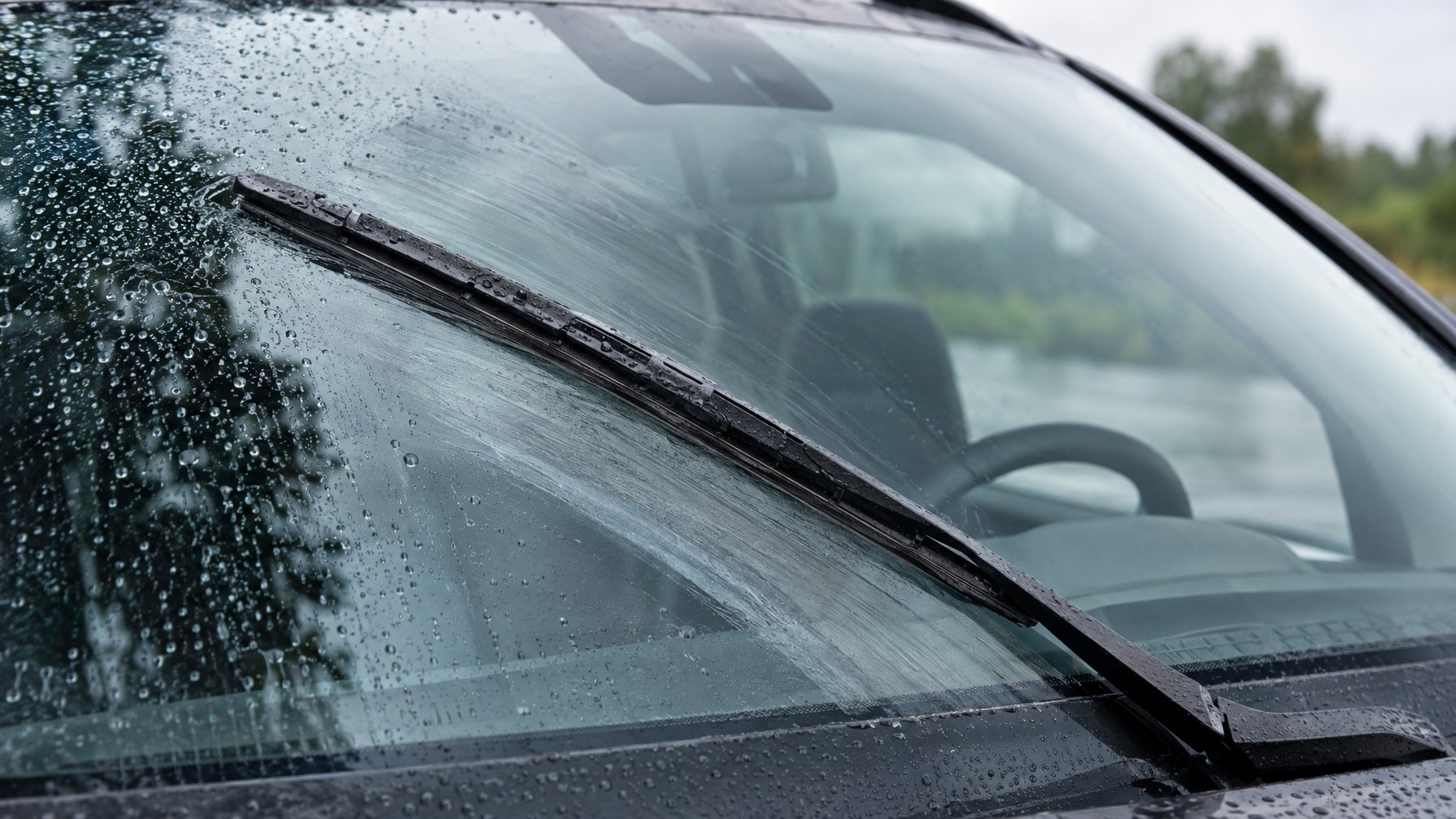 Karet wiper mobil yang aus menyapu kaca depan saat hujan dan meninggalkan bekas goresan.
