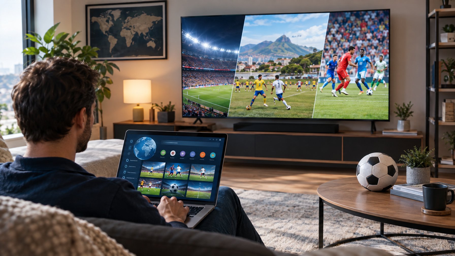 Seseorang menggunakan laptop untuk melihat berbagai pertandingan sepak bola dari seluruh dunia.