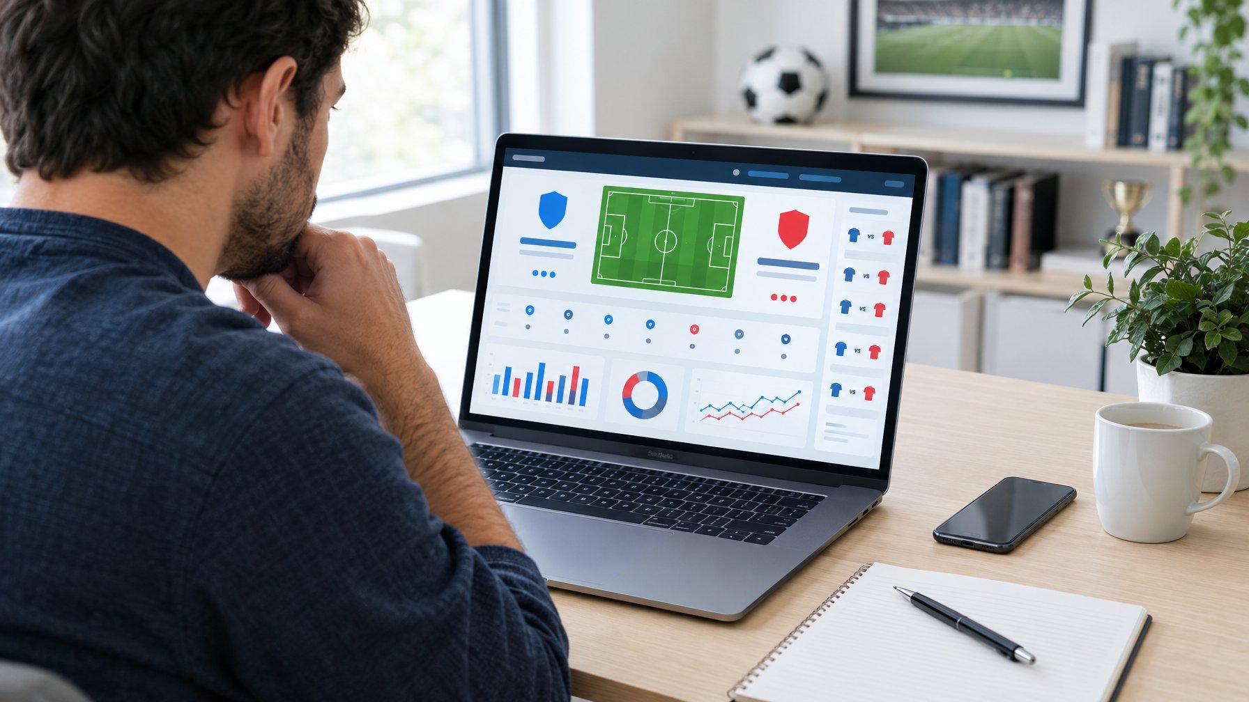 Seseorang mempelajari informasi pertandingan sepak bola melalui laptop di meja kerja.