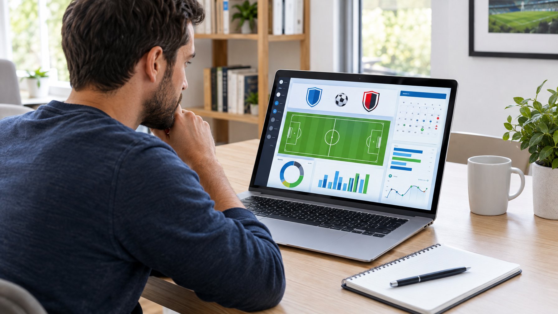 Seorang penggemar sepak bola mempelajari informasi pertandingan melalui laptop di meja.
