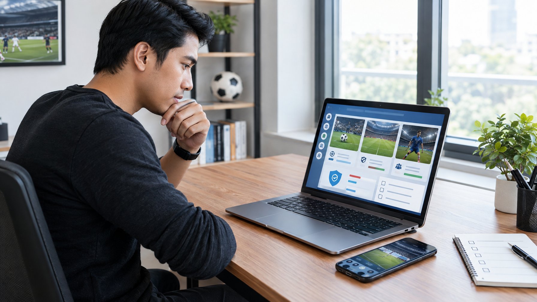Seorang pria membandingkan beberapa platform sepak bola melalui laptop di meja kerja.