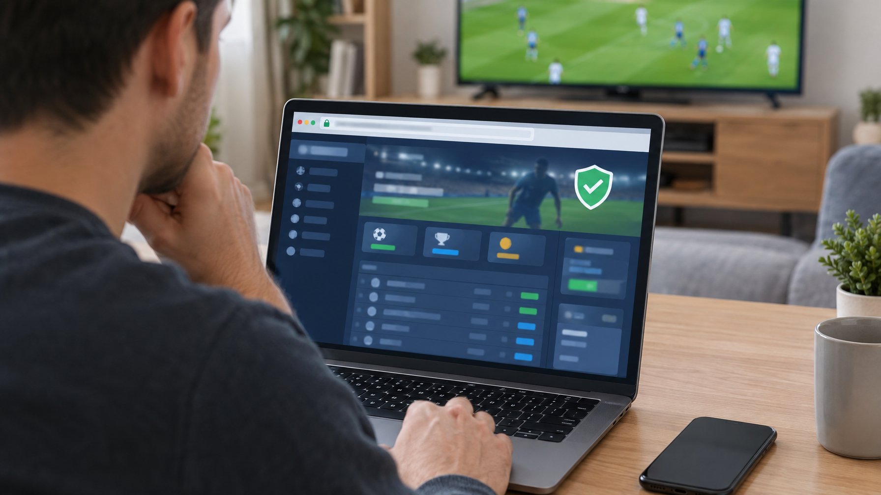 Seseorang memeriksa situs taruhan bola di laptop dengan pertandingan sepak bola terlihat di latar belakang.