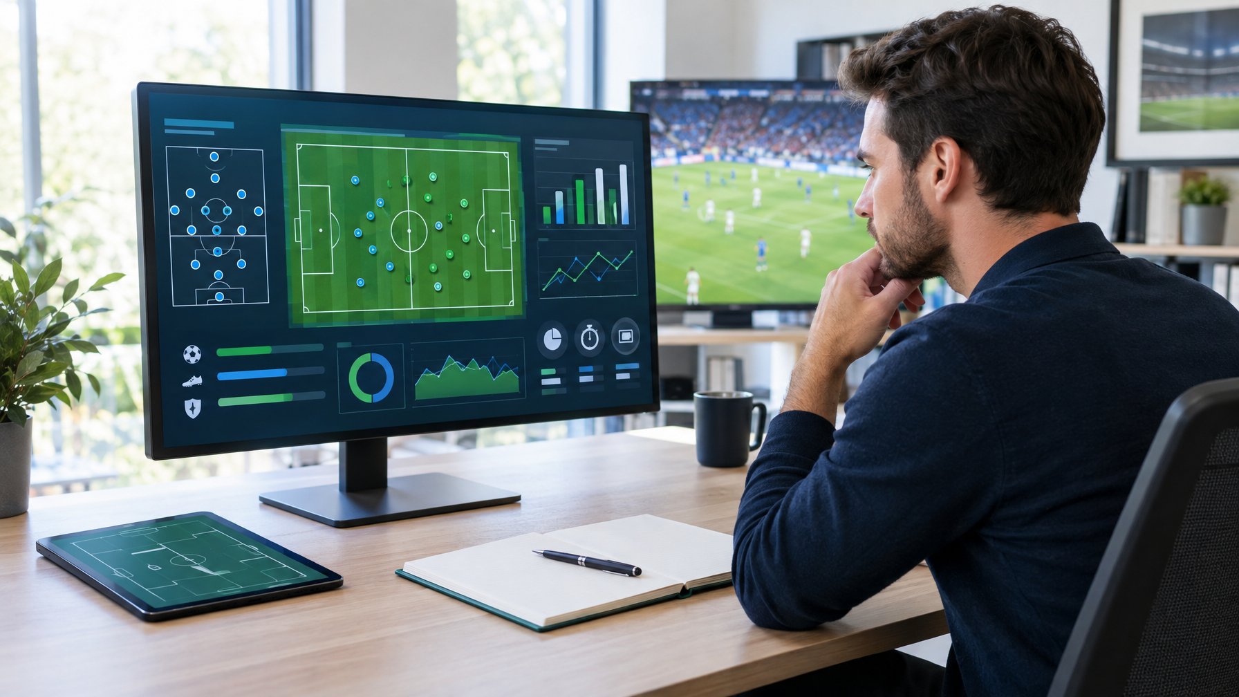 Seorang analis sepak bola mempelajari grafik statistik pertandingan di depan komputer.