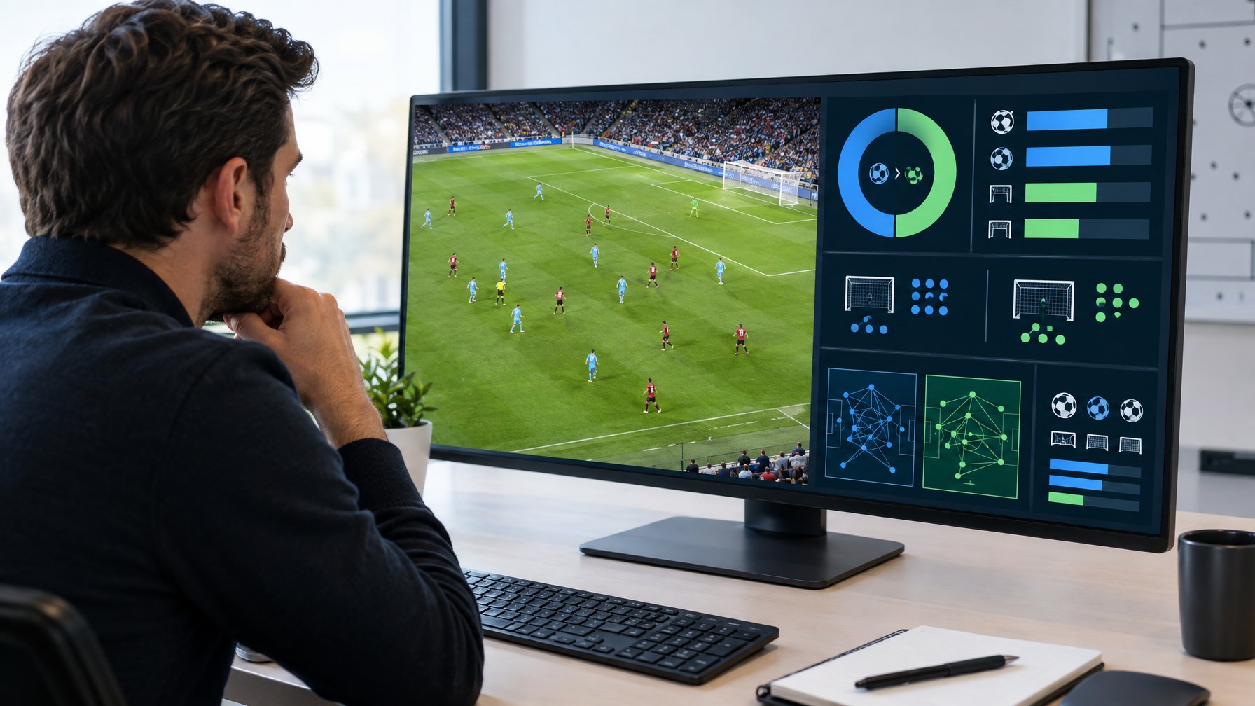Seorang analis sepak bola mengamati pertandingan dan grafik statistik di layar.