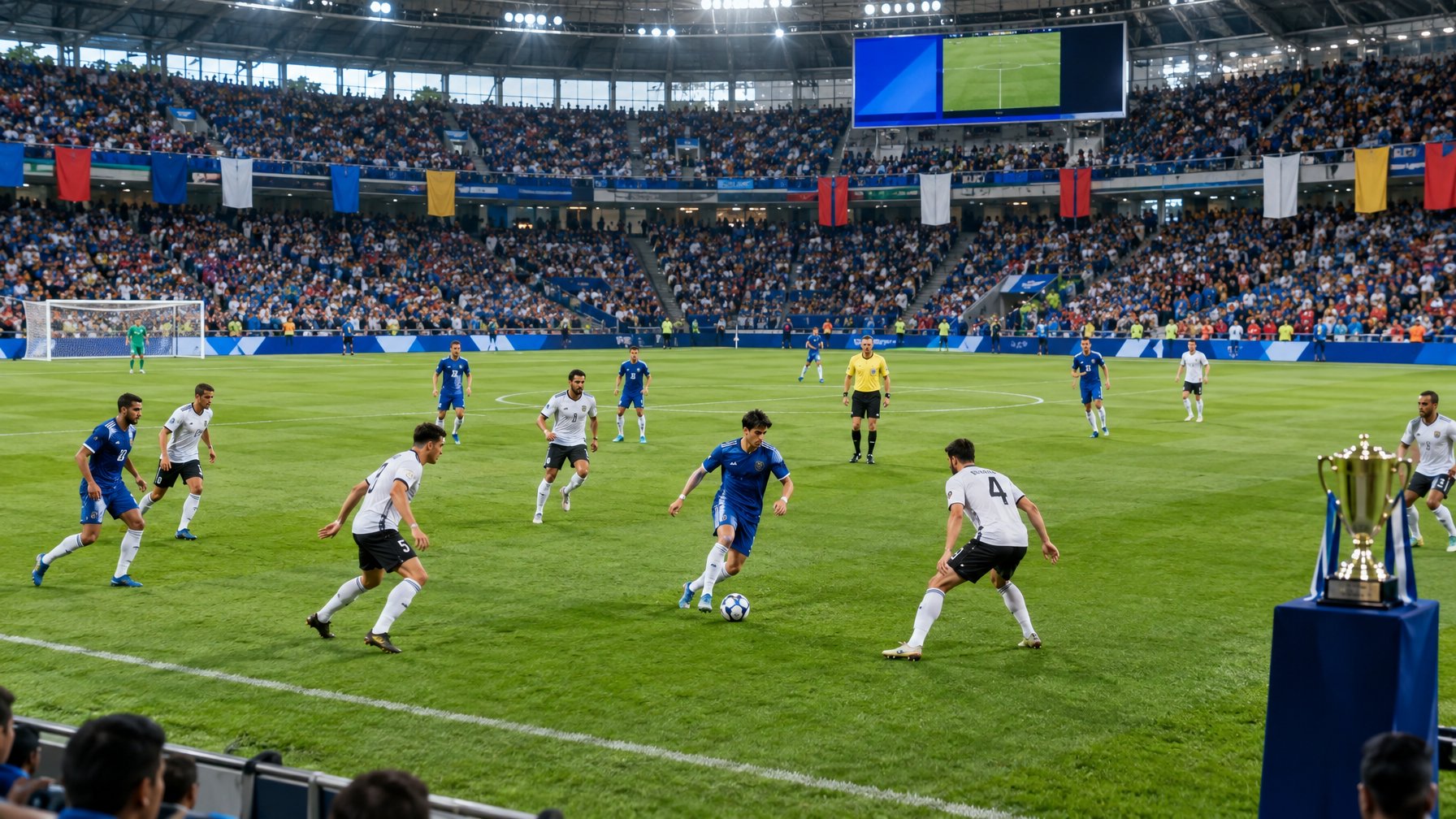 Pemain dari dua tim berebut bola dalam pertandingan sepak bola di stadion.