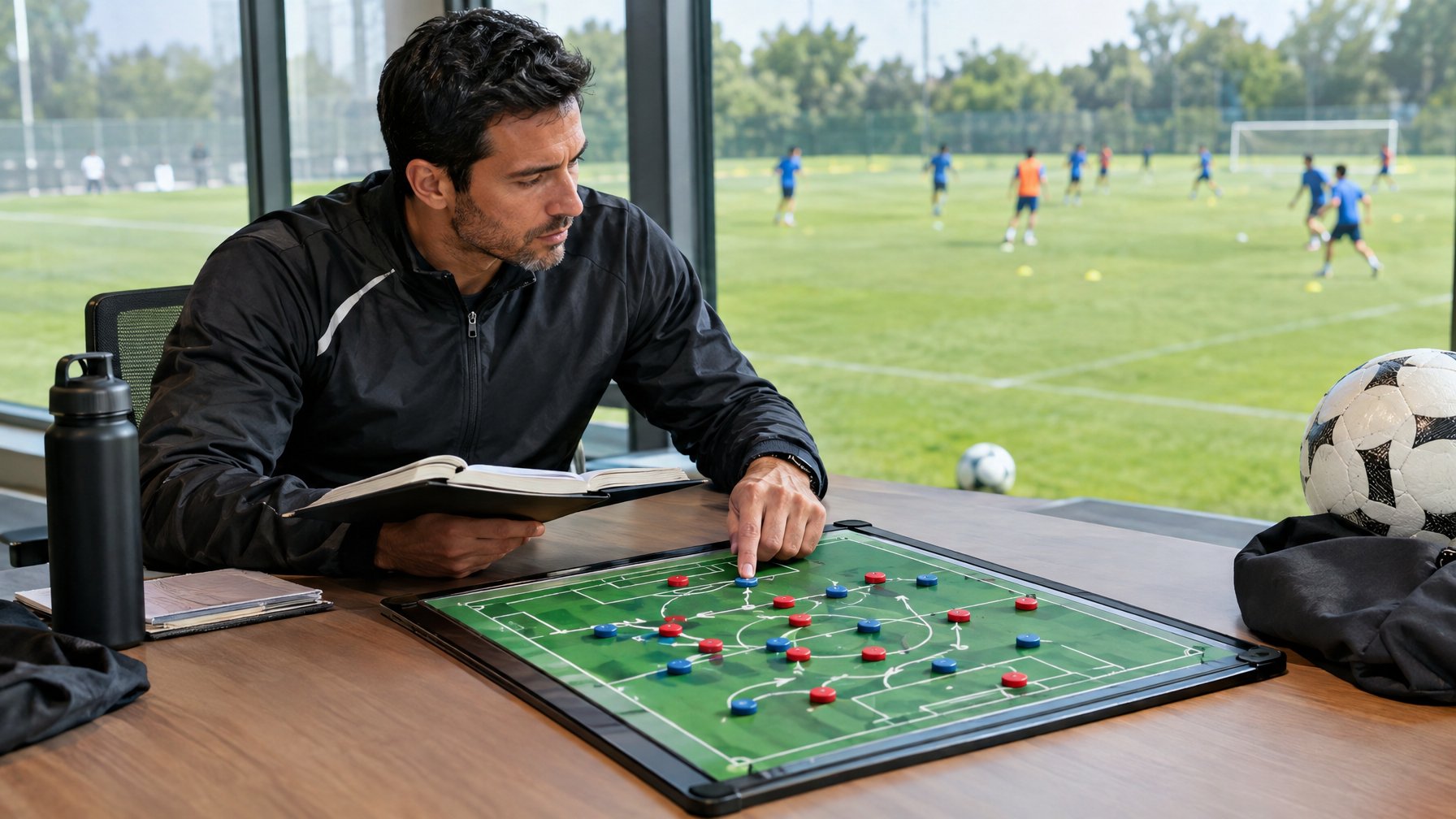 Seorang pria mempelajari diagram taktik sepak bola di depan lapangan latihan.