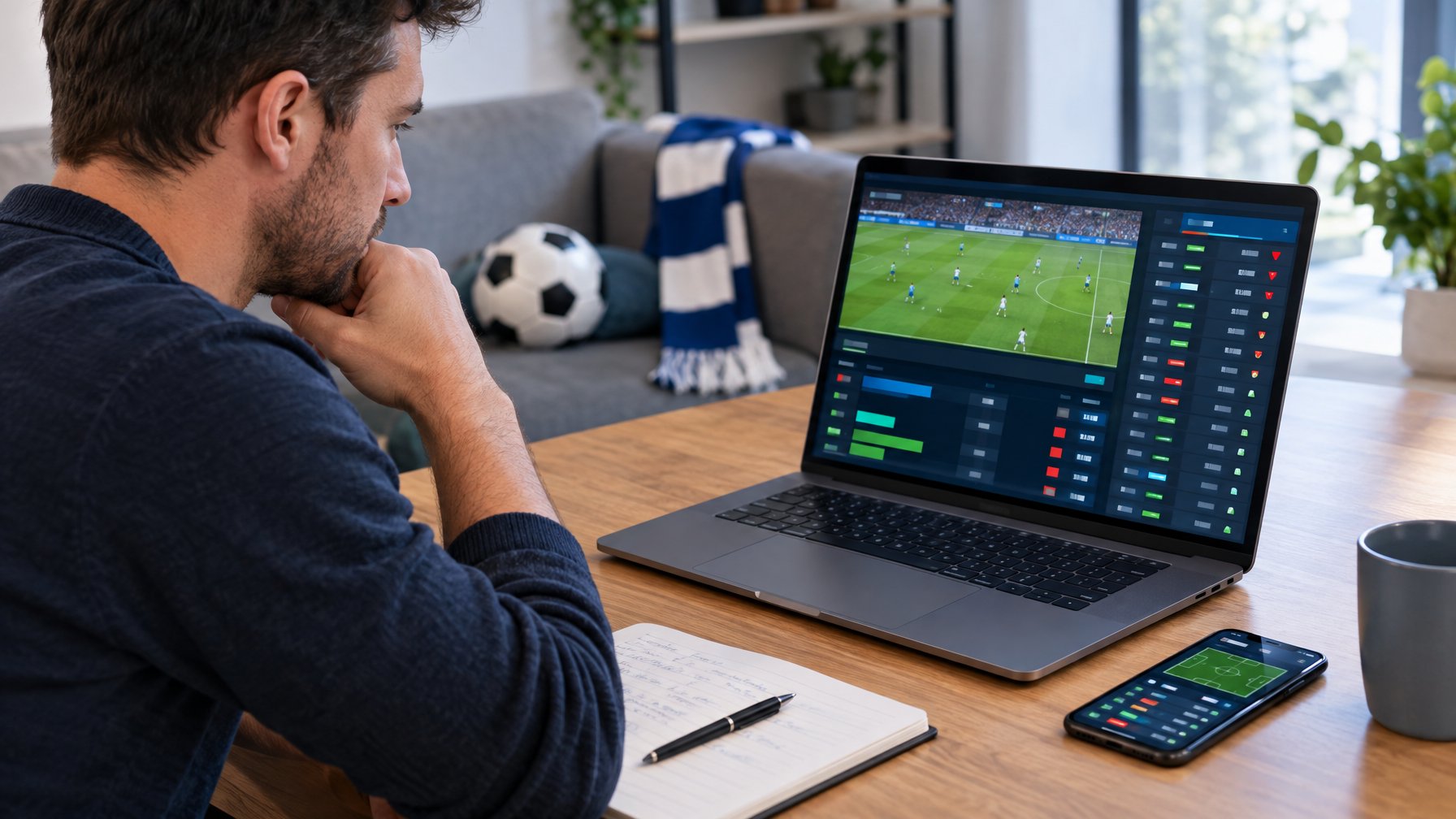 Seorang penggemar sepak bola mengamati pertandingan di laptop sambil memeriksa ponsel dan mencatat di buku.