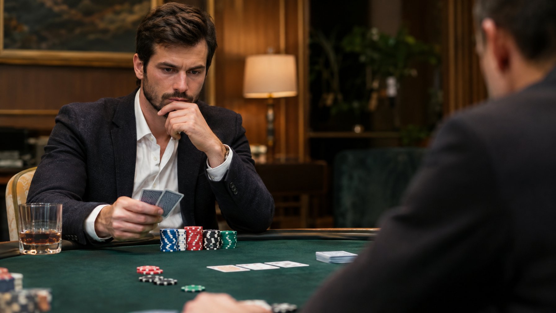 Seorang pemain poker memikirkan langkah berikutnya di meja permainan.