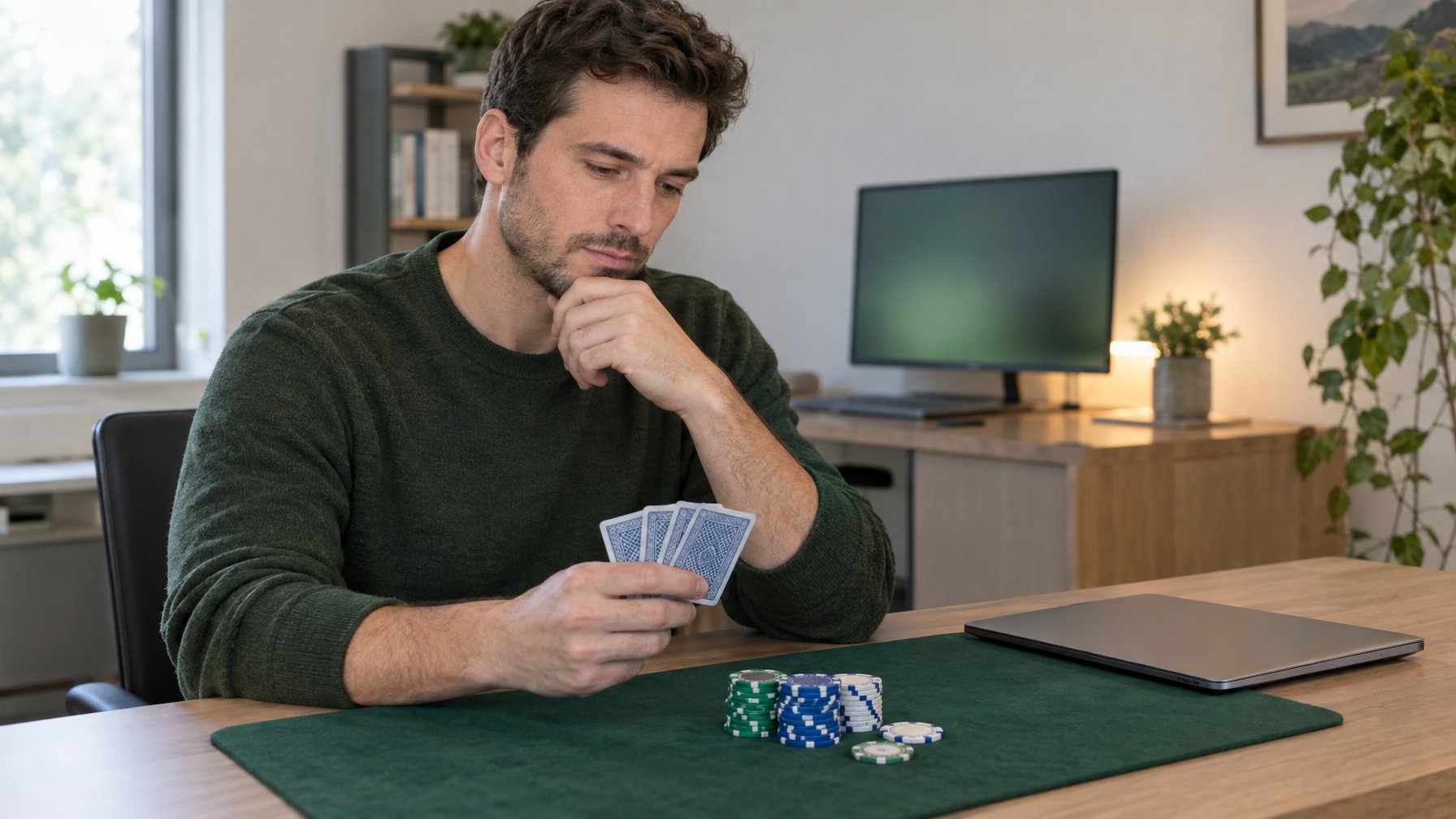Seseorang duduk di meja sambil mengamati kartu dan keping poker.