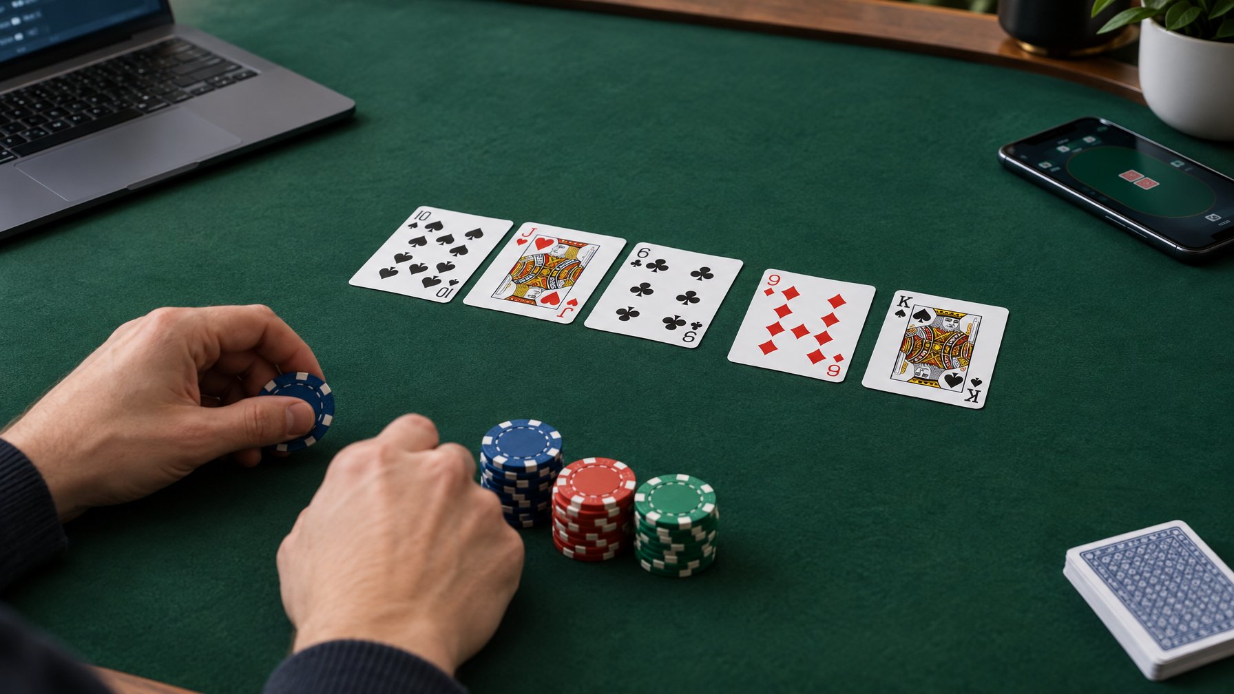 Kartu komunitas dan keping poker tersusun di atas meja, dengan tangan pemain mempertimbangkan langkah berikutnya.