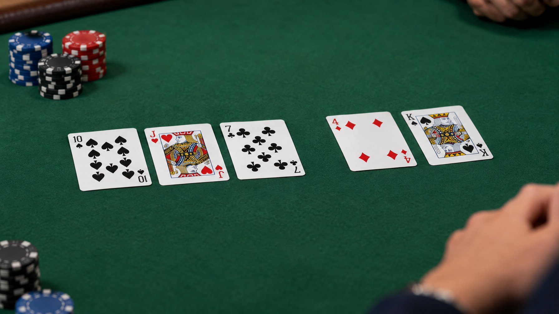 Lima kartu komunitas tersusun di atas meja poker hijau, dengan beberapa keping chip di dekatnya.