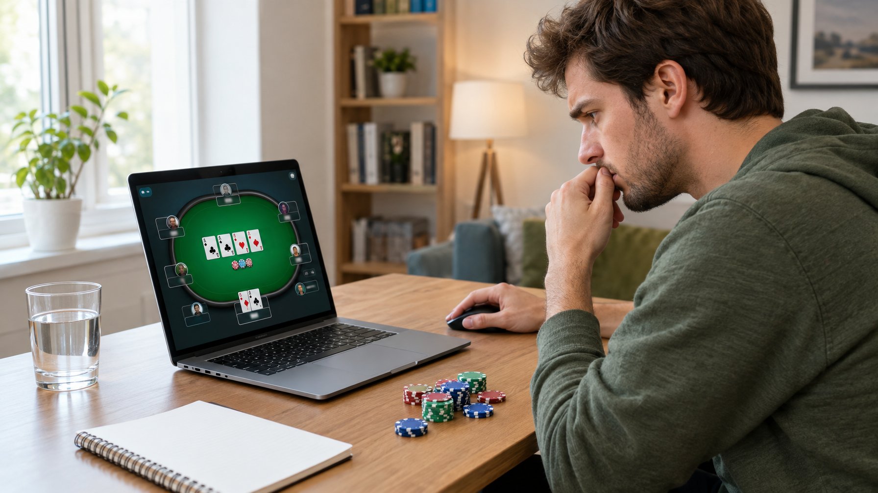 Seorang pemain pemula tampak ragu saat bermain poker online di laptop.