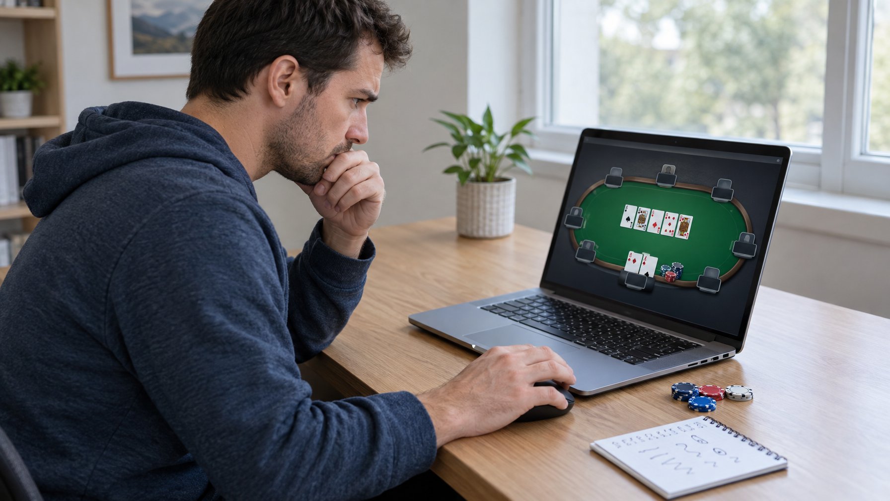 Seorang pemain pemula tampak ragu saat menatap permainan poker di laptop.