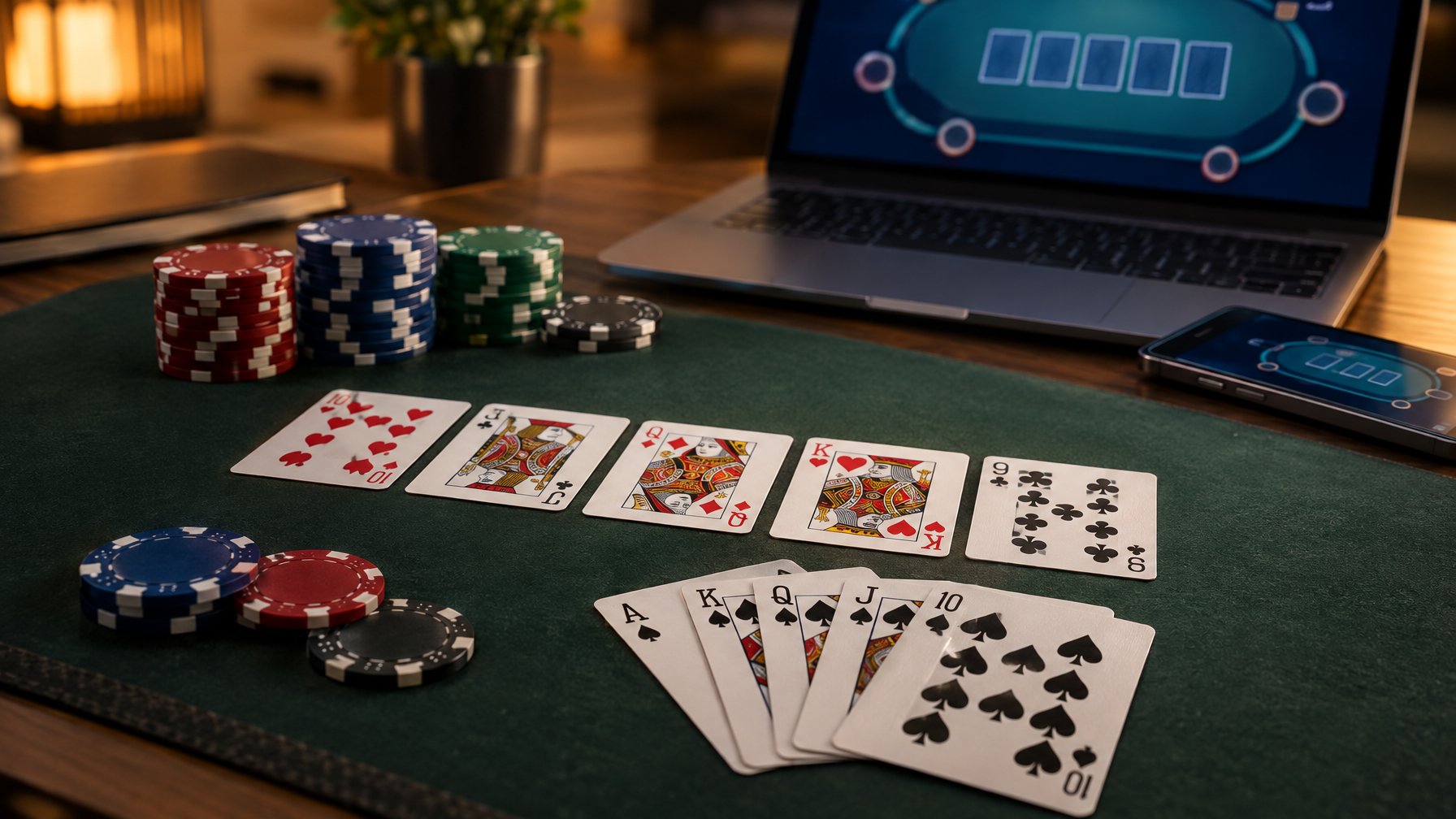 Kartu remi dan keping poker tersusun di meja, dengan perangkat digital di dekatnya.