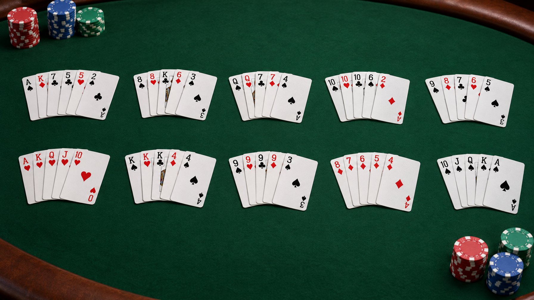 Beberapa kombinasi kartu poker tersusun di atas meja hijau dengan keping poker di dekatnya.