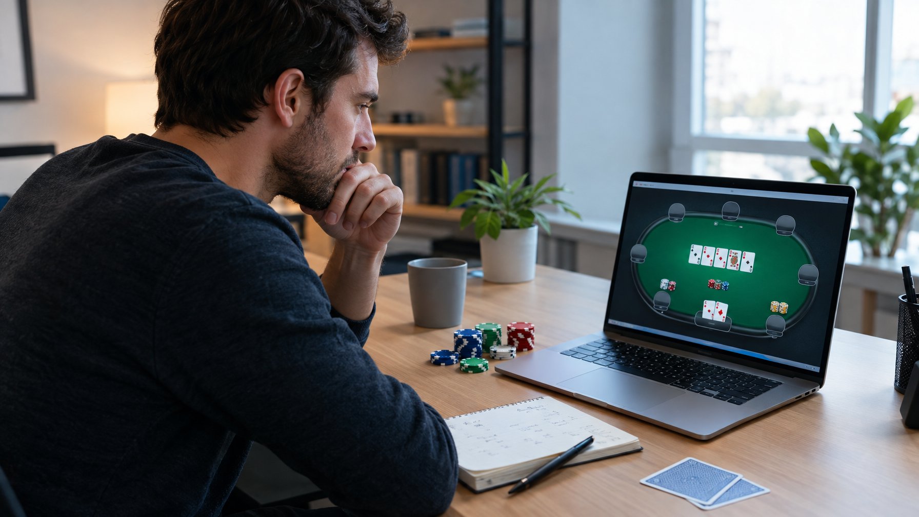 Seorang pemain menatap layar laptop sambil mempertimbangkan kartu dan keping poker di meja.
