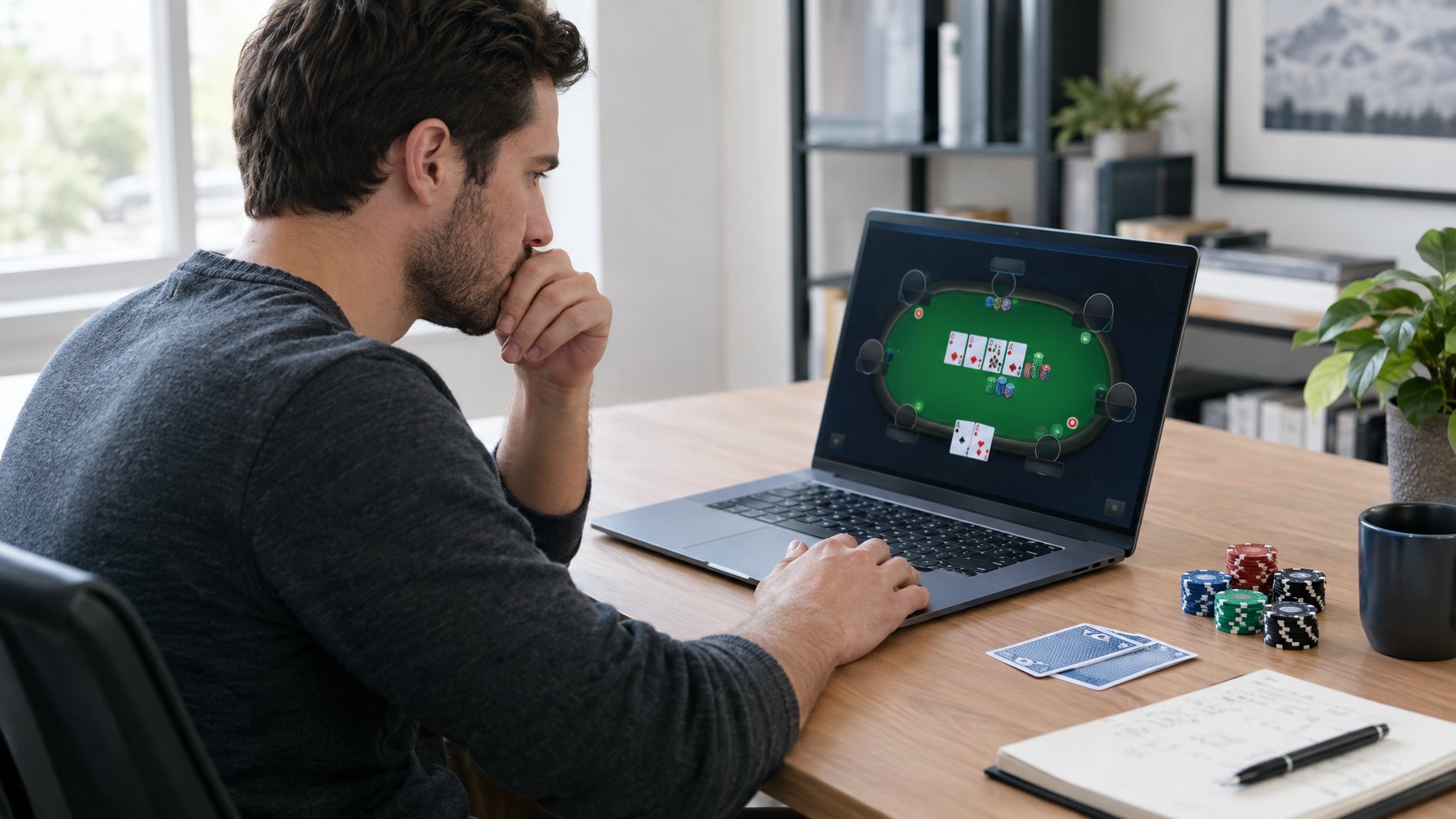 Seorang pemain poker menatap layar laptop sambil mempertimbangkan langkahnya.