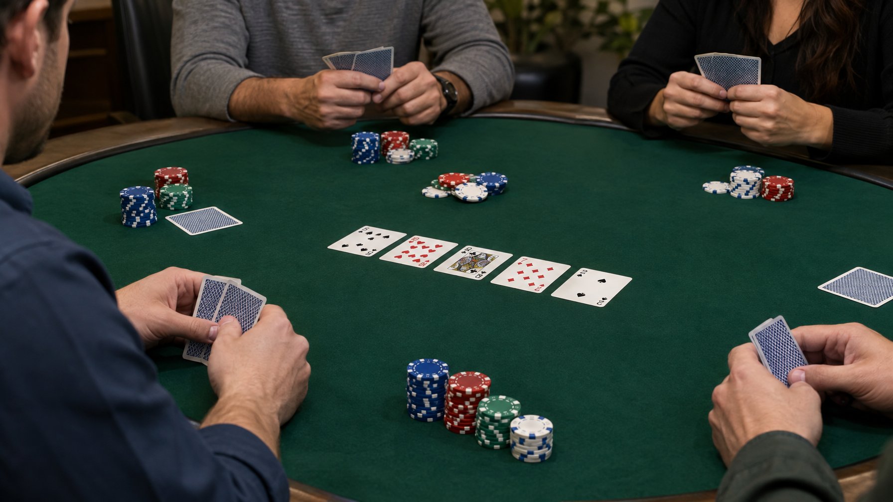 Beberapa pemain mengamati kartu dan keping poker di atas meja.