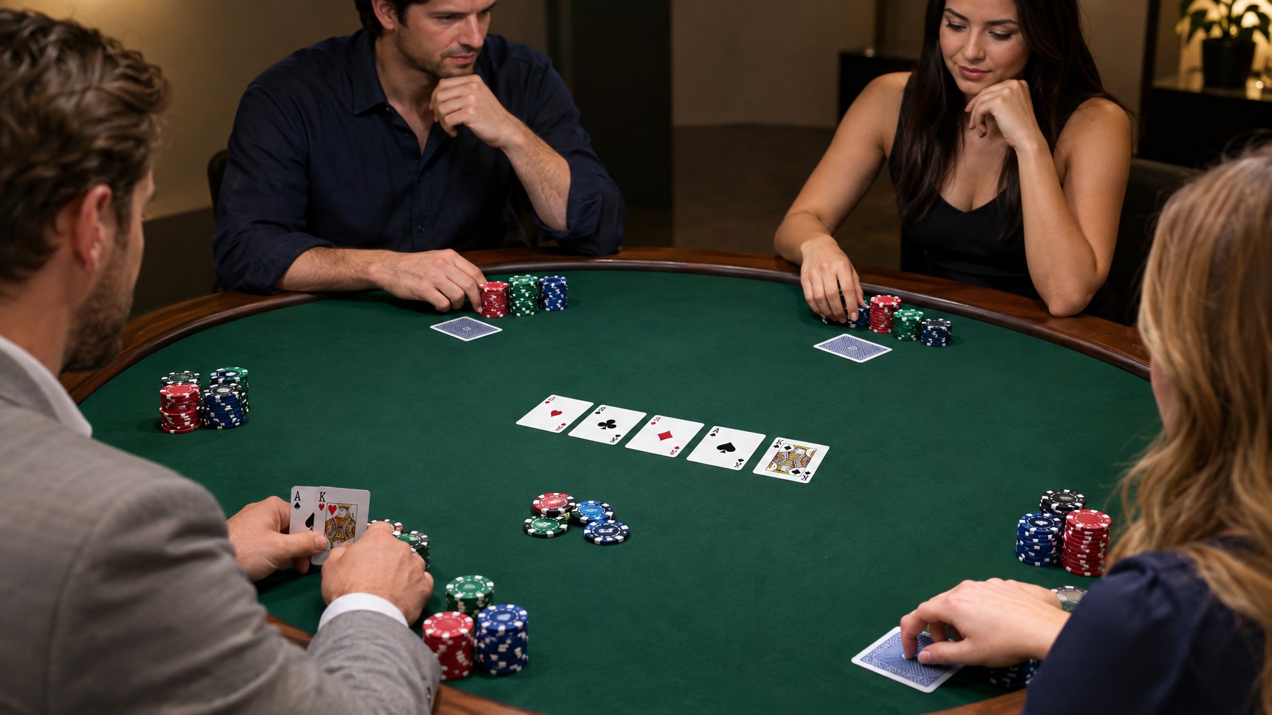 Beberapa pemain mengamati kartu komunitas dan tumpukan chip di meja poker.